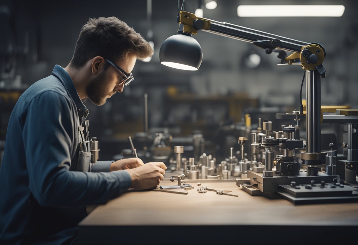 A dimensional inspection technician using precision tools to measure and analyze a mechanical part on a workbench in a well-lit laboratory