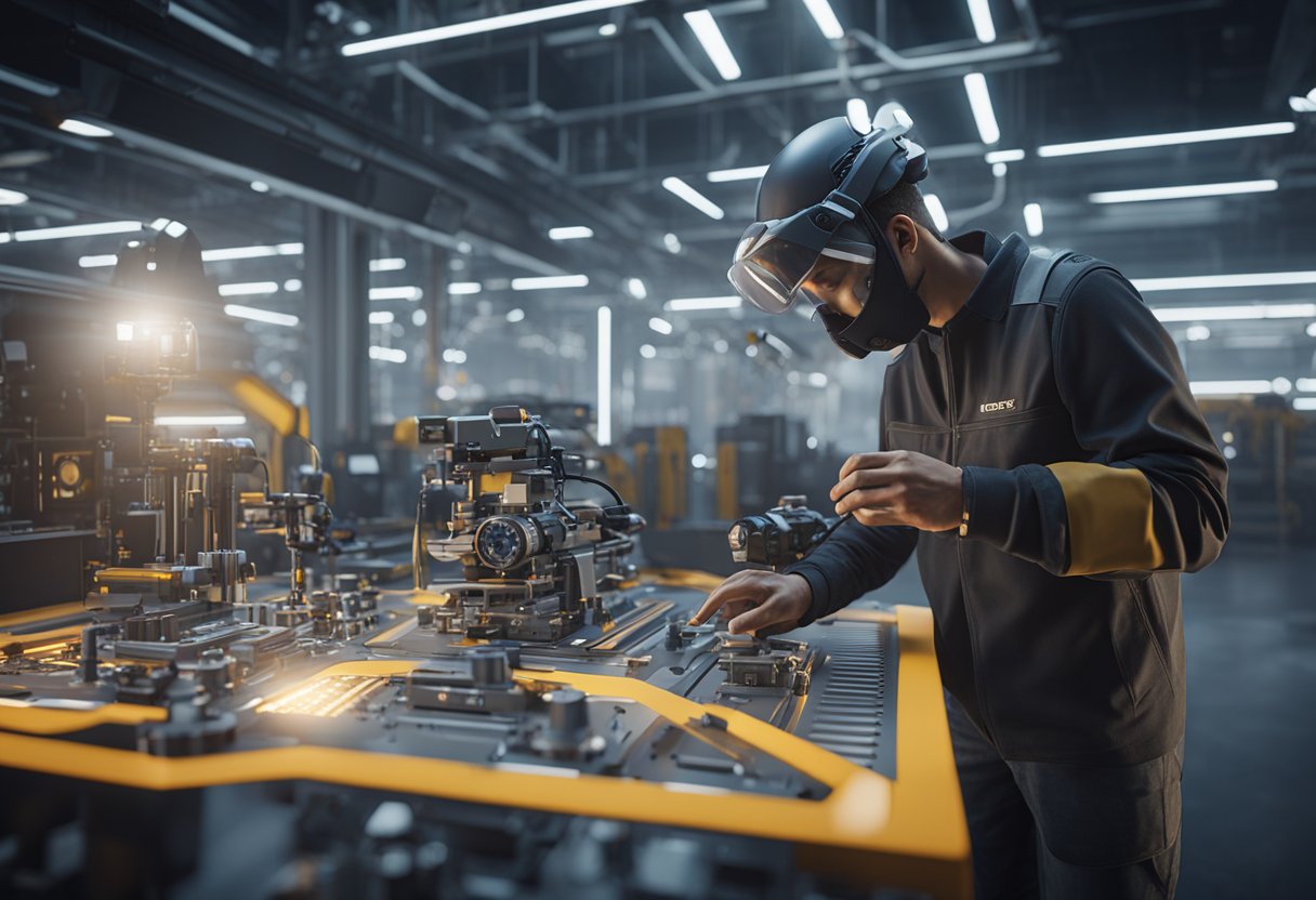 A technician using advanced equipment to inspect and measure dimensional components in a futuristic industrial setting