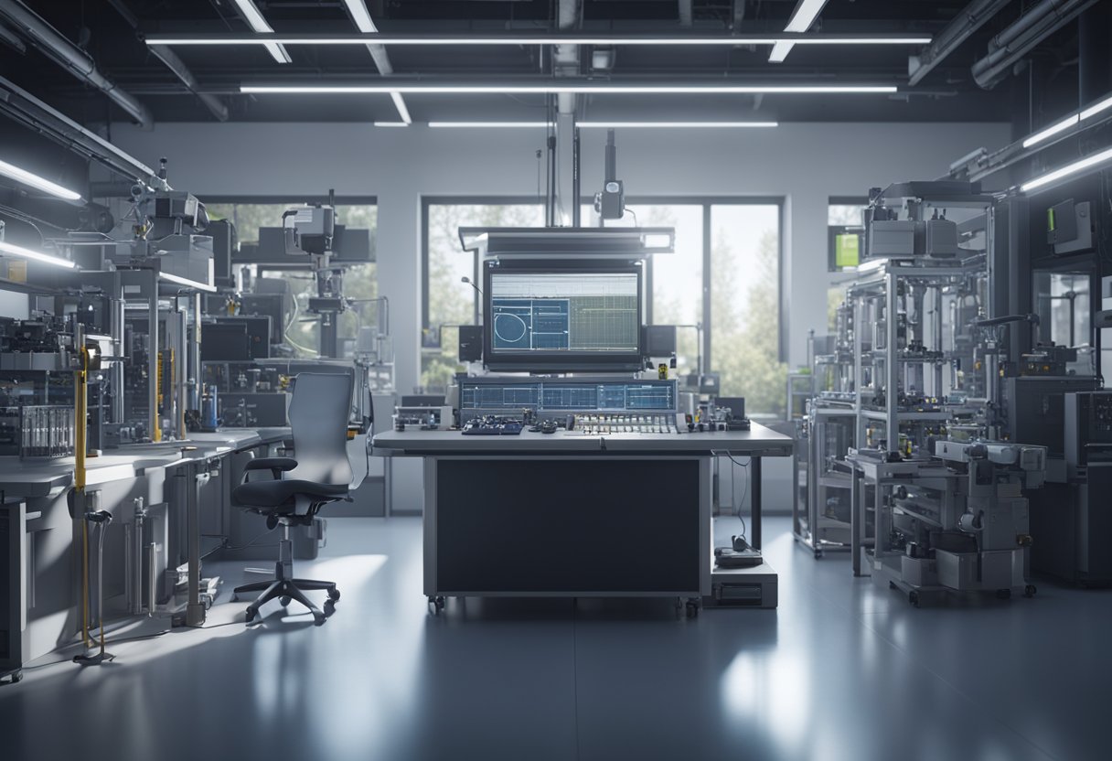 An engineer calibrates precision measurement equipment in a laboratory setting, surrounded by advanced technology and specialized tools