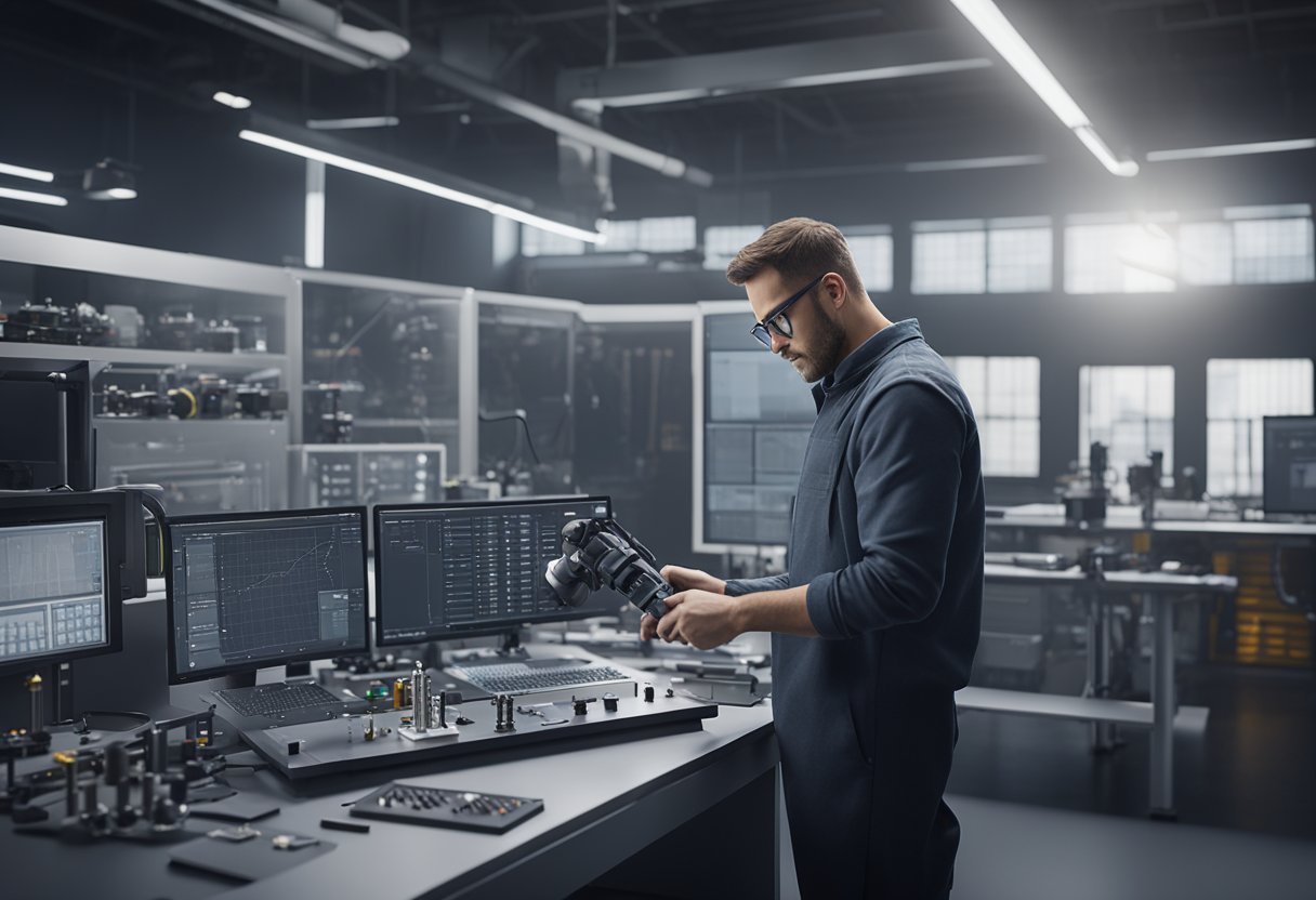 A metrology applications engineer working with precision instruments in a laboratory setting, calibrating and testing measurement equipment