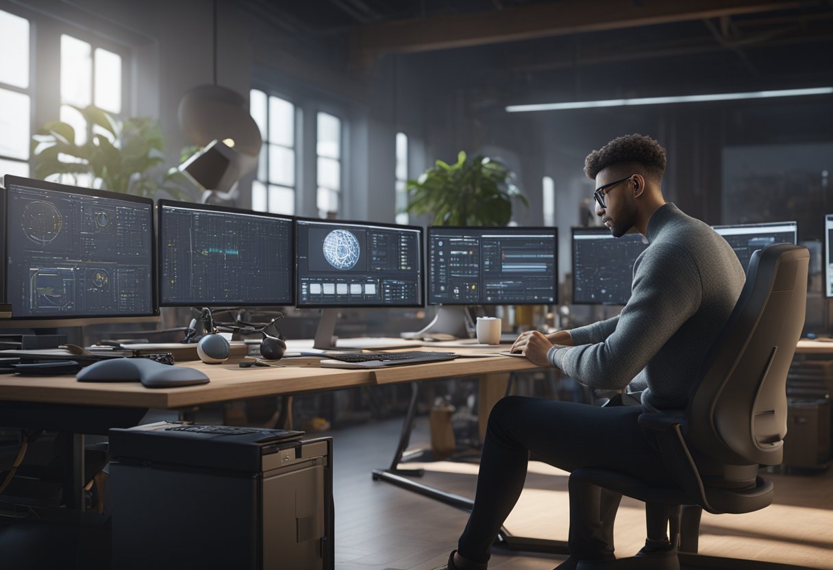 A person working at a computer, surrounded by various metrology instruments and software interfaces