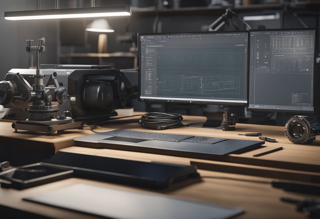 A precision measuring instrument on a clean, well-lit workbench, surrounded by technical drawings and a computer displaying CAD software