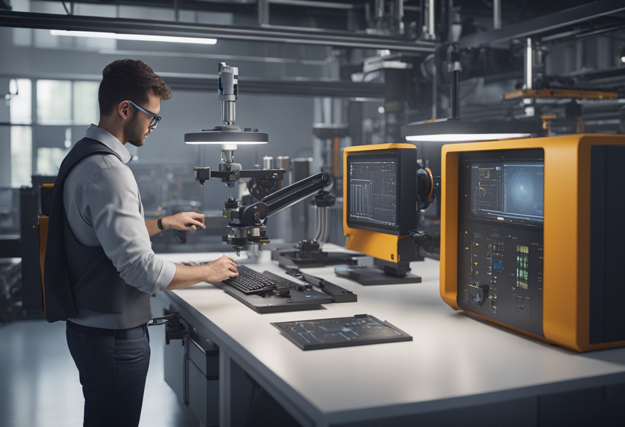 An engineer uses metrology equipment to measure industrial applications in a high-tech laboratory setting