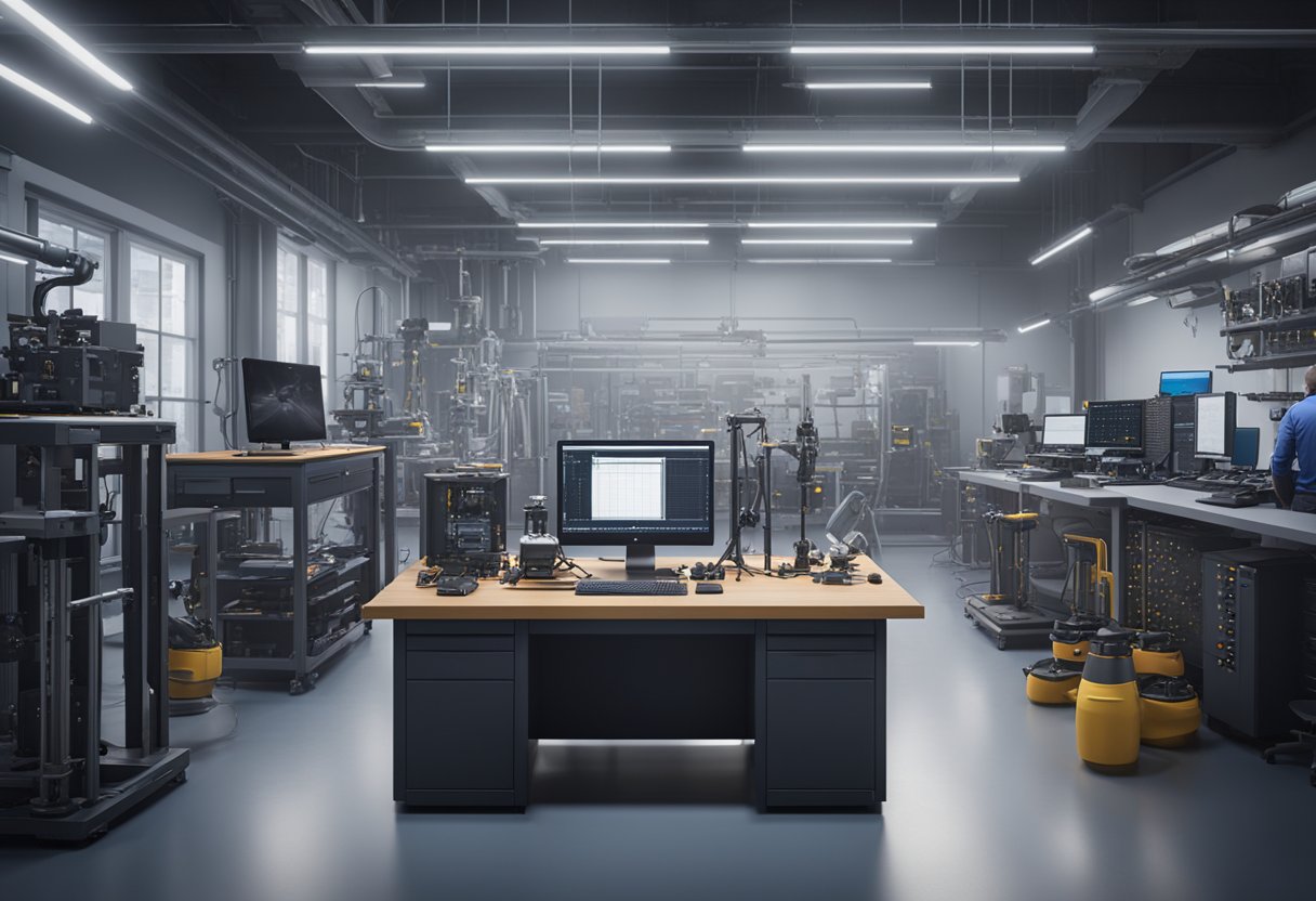 A metrology engineer calibrates precision instruments in a high-tech lab setting, surrounded by advanced measurement equipment and computer monitors