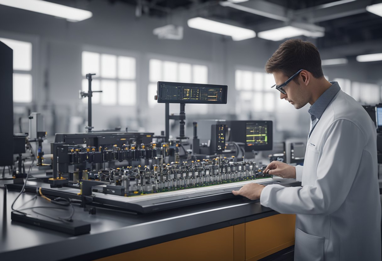 A metrology engineer calibrates precision instruments in a high-tech lab setting. The engineer uses advanced equipment to ensure accuracy and reliability in industrial applications