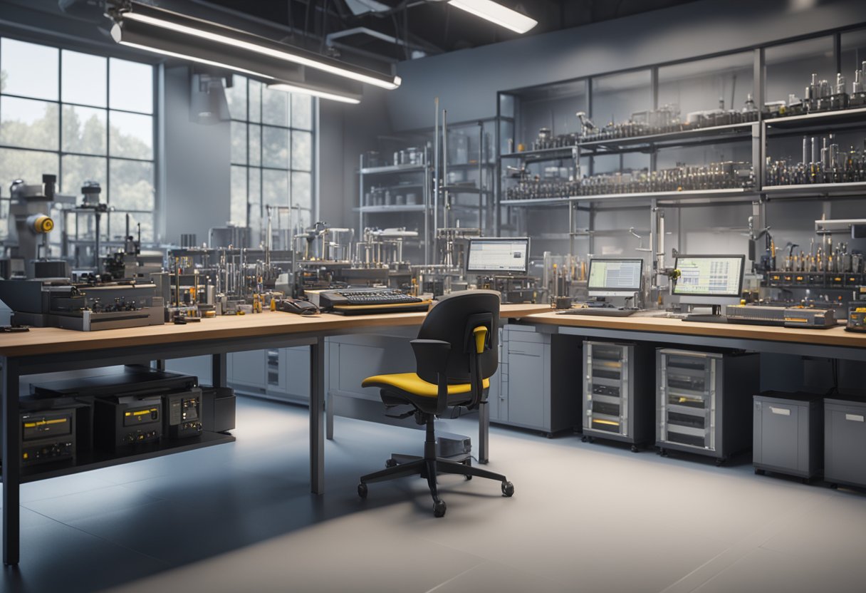 A technician calibrates precision instruments in a modern laboratory setting. Various measurement tools and equipment are arranged on a clean, organized workbench