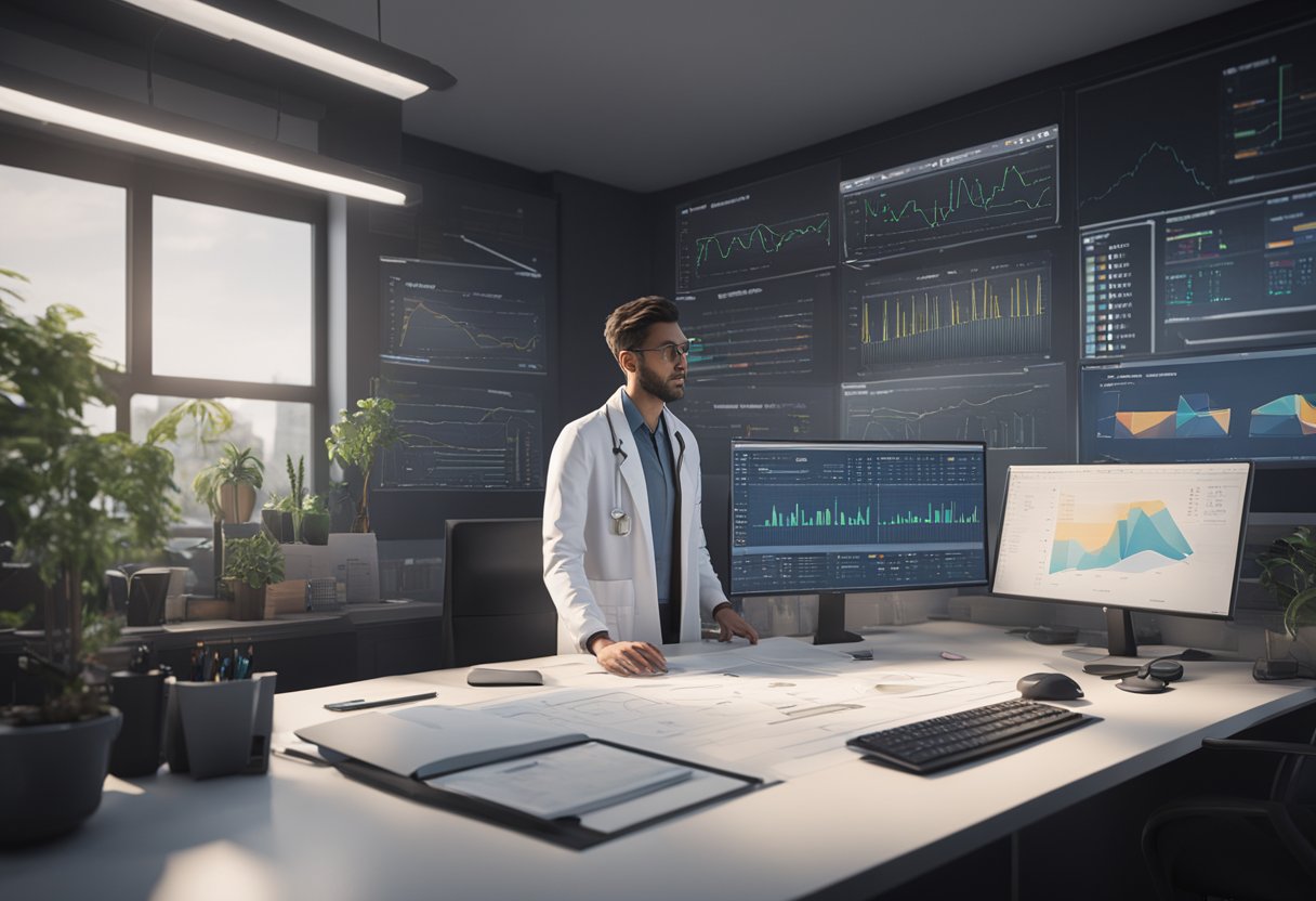 A desk with a computer, calculator, and various measurement tools. Charts and graphs displayed on the wall. A person wearing a lab coat analyzing data