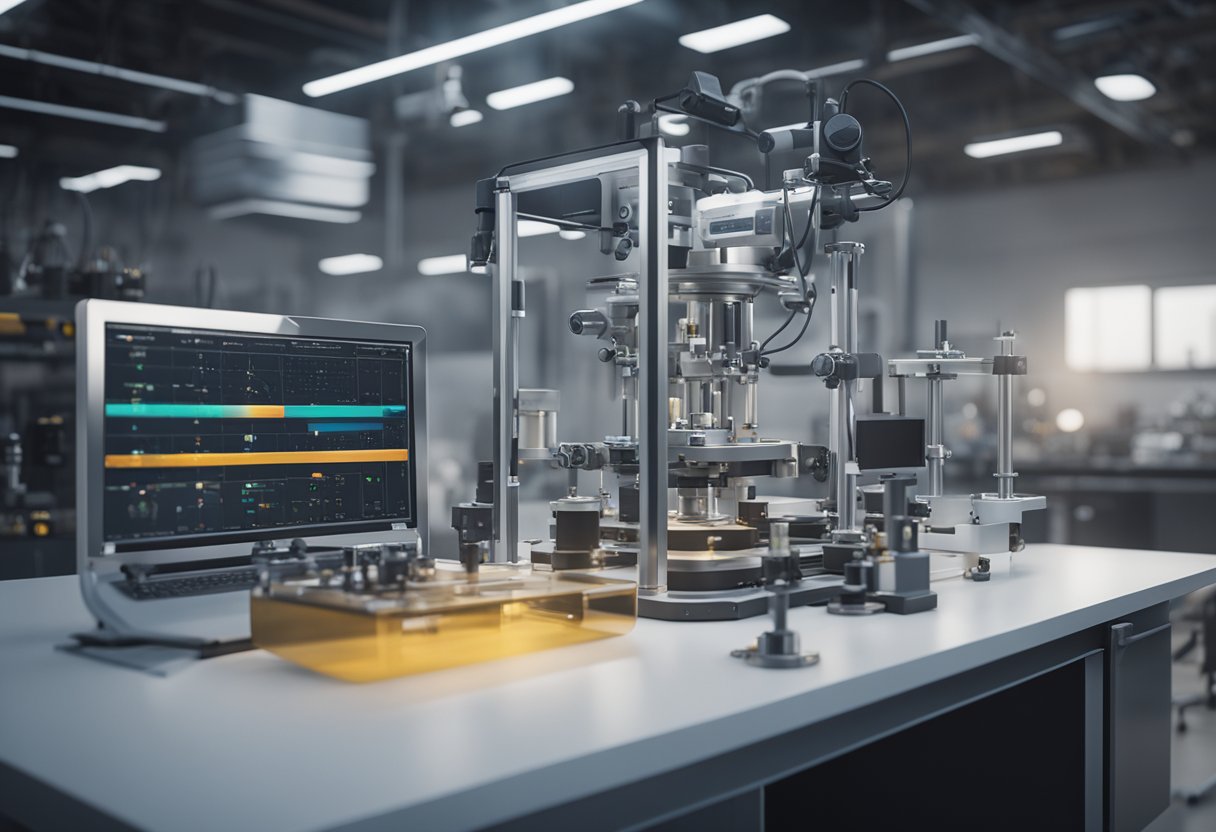 A precision optical measurement instrument in a clean, well-lit laboratory setting, with various lenses, mirrors, and sensors arranged on a workbench