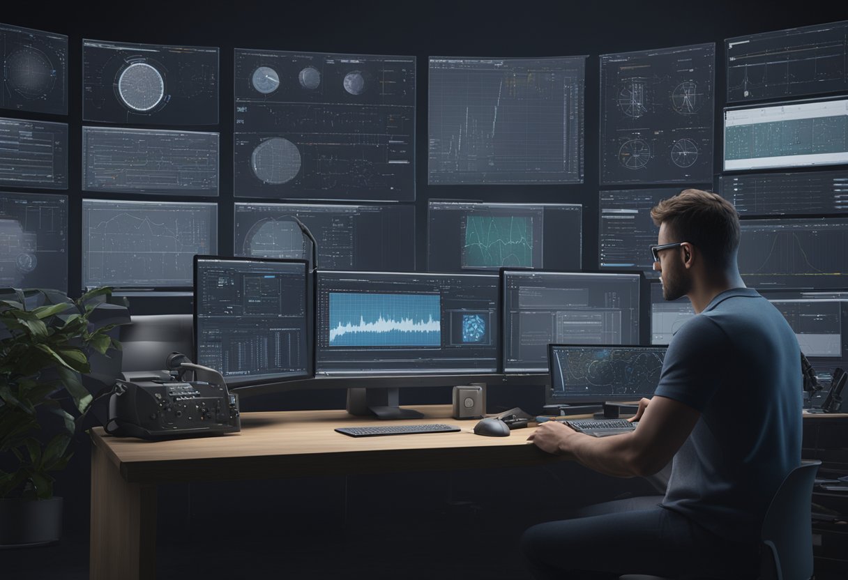 A technician analyzes data on a computer screen, surrounded by optical metrology equipment and tools