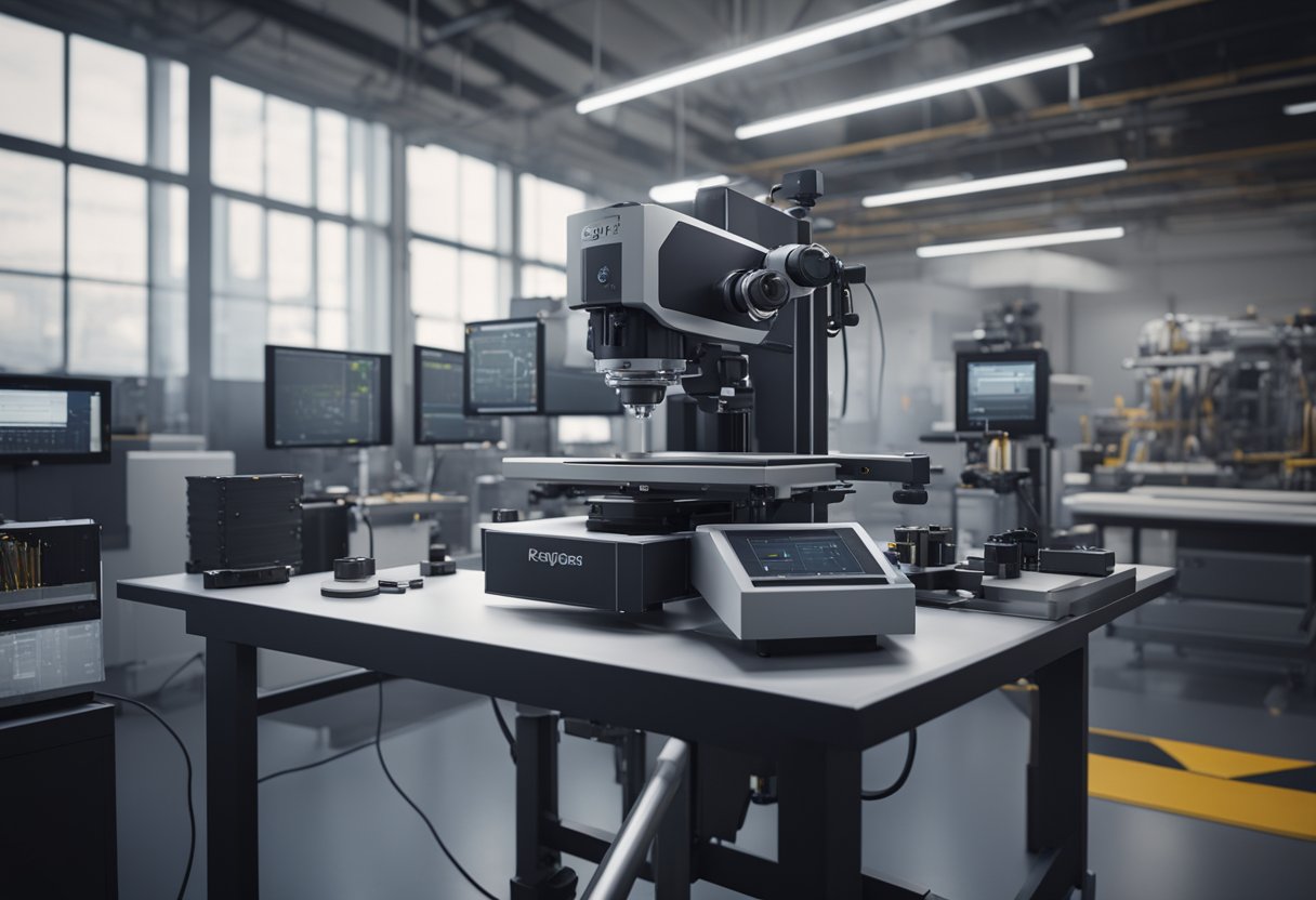 A precision optical instrument is being calibrated against a set of standard measurements in a controlled laboratory environment