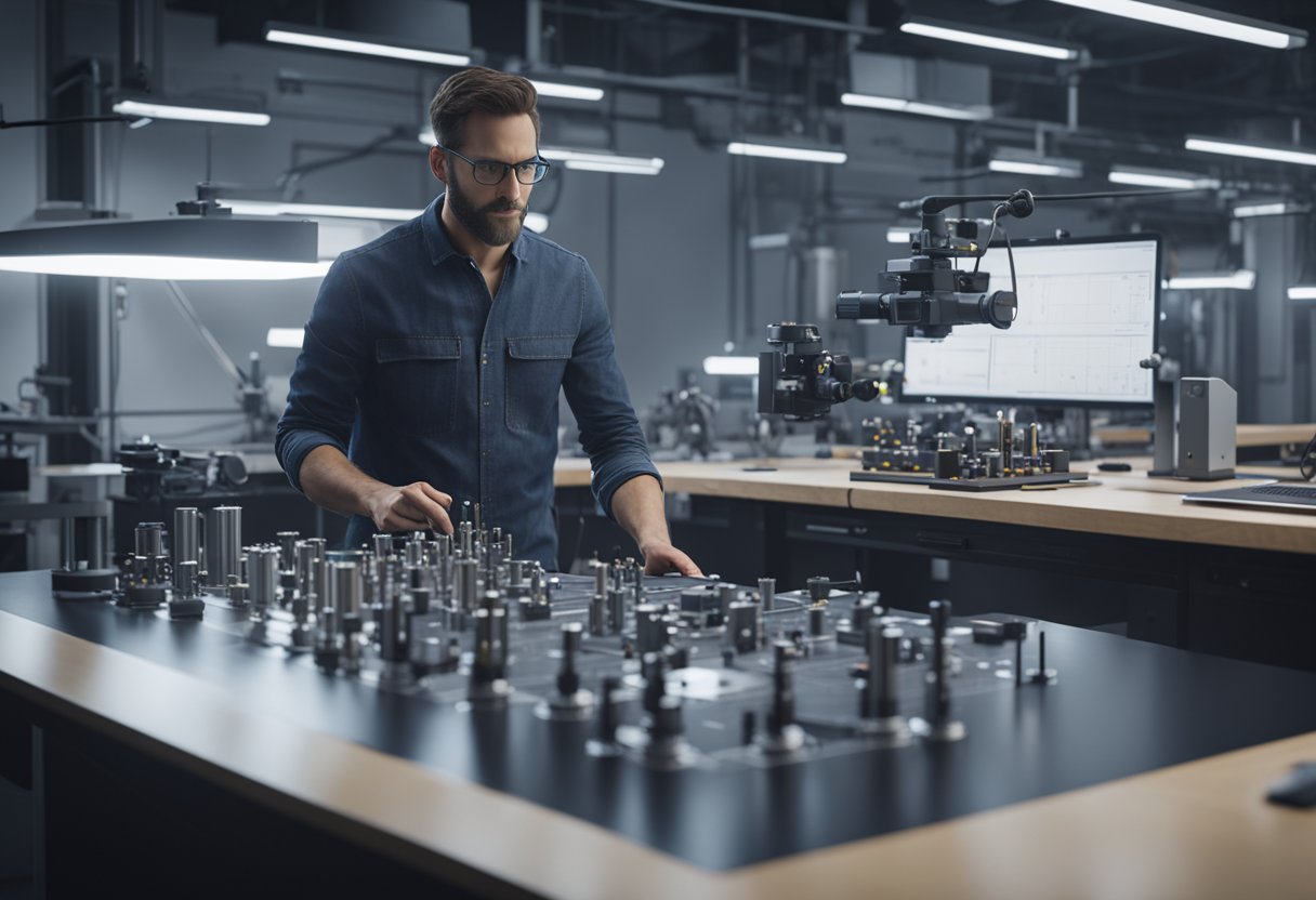 An optical metrology engineer calibrates and tests precision measurement instruments in a high-tech laboratory setting with advanced equipment and tools