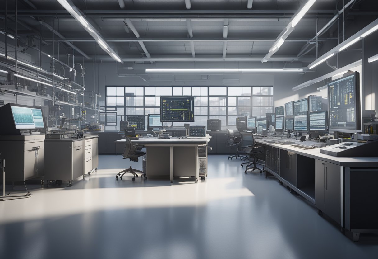 A bustling laboratory with precision instruments and computer screens, where a Metrology Project Manager oversees data collection and analysis