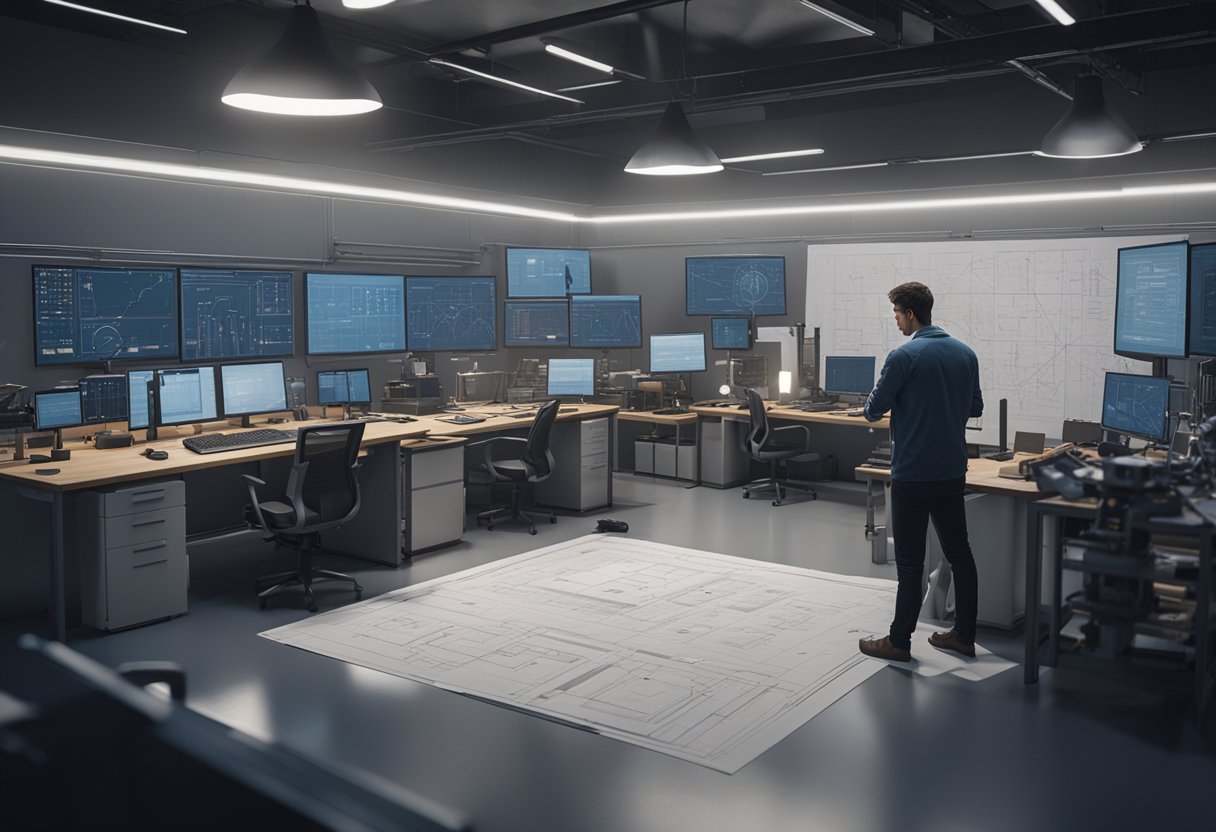 A figure surrounded by blueprints, charts, and technical instruments, overseeing a team of engineers and technicians working on a metrology project