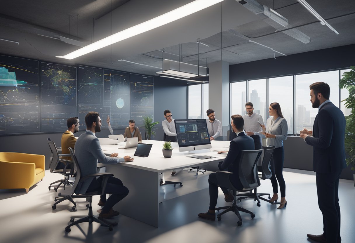 A group of professionals discuss and exchange ideas in a modern office setting, surrounded by technical equipment and charts