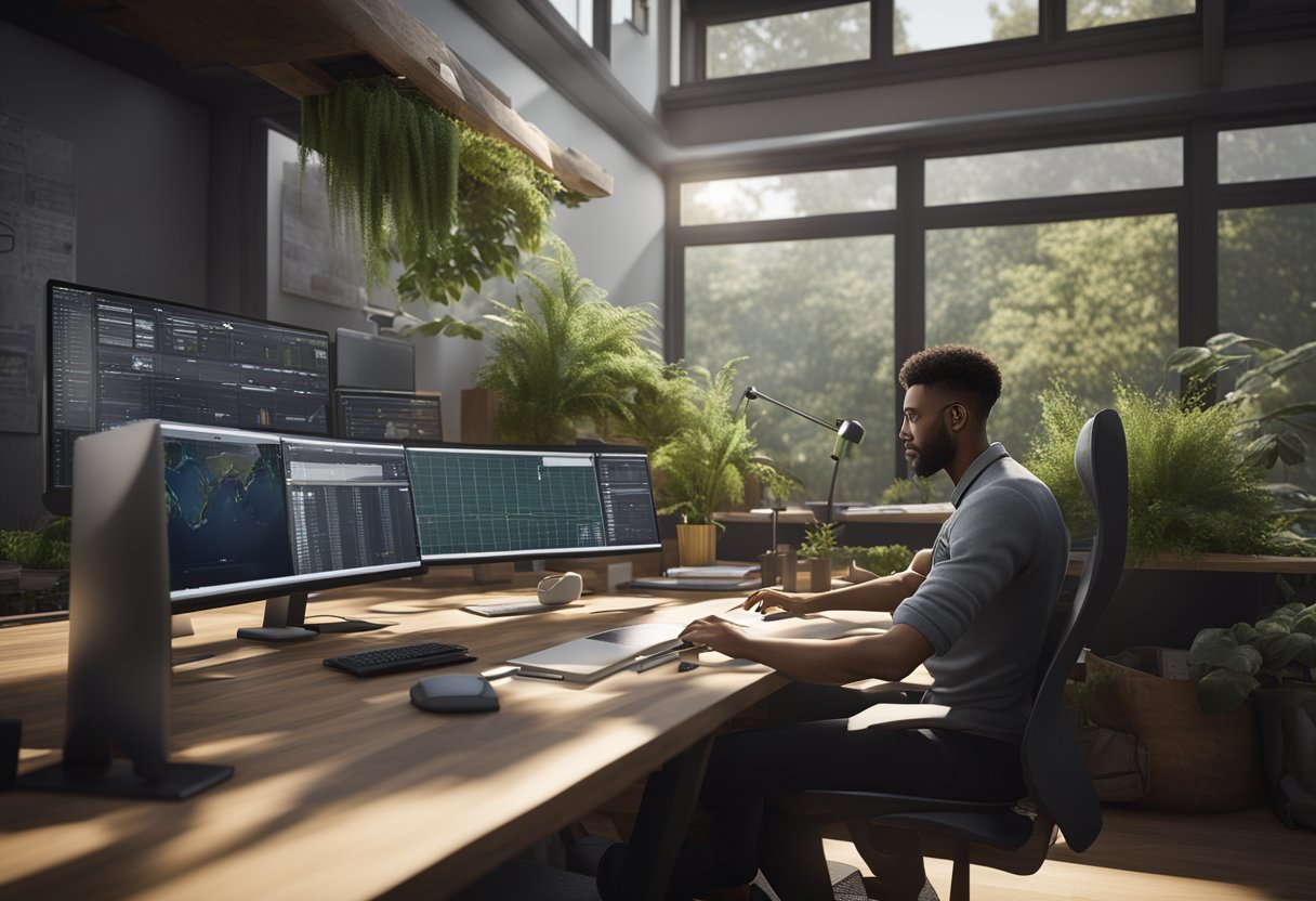 A person working at a desk with a computer, surrounded by sustainable materials and environmental monitoring equipment