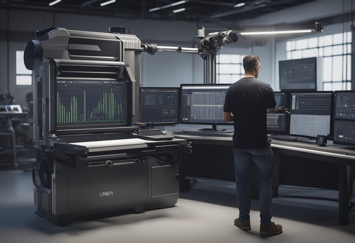 A CMM programmer operates a machine, inputting measurements and adjusting settings. The machine scans and measures a part with precision