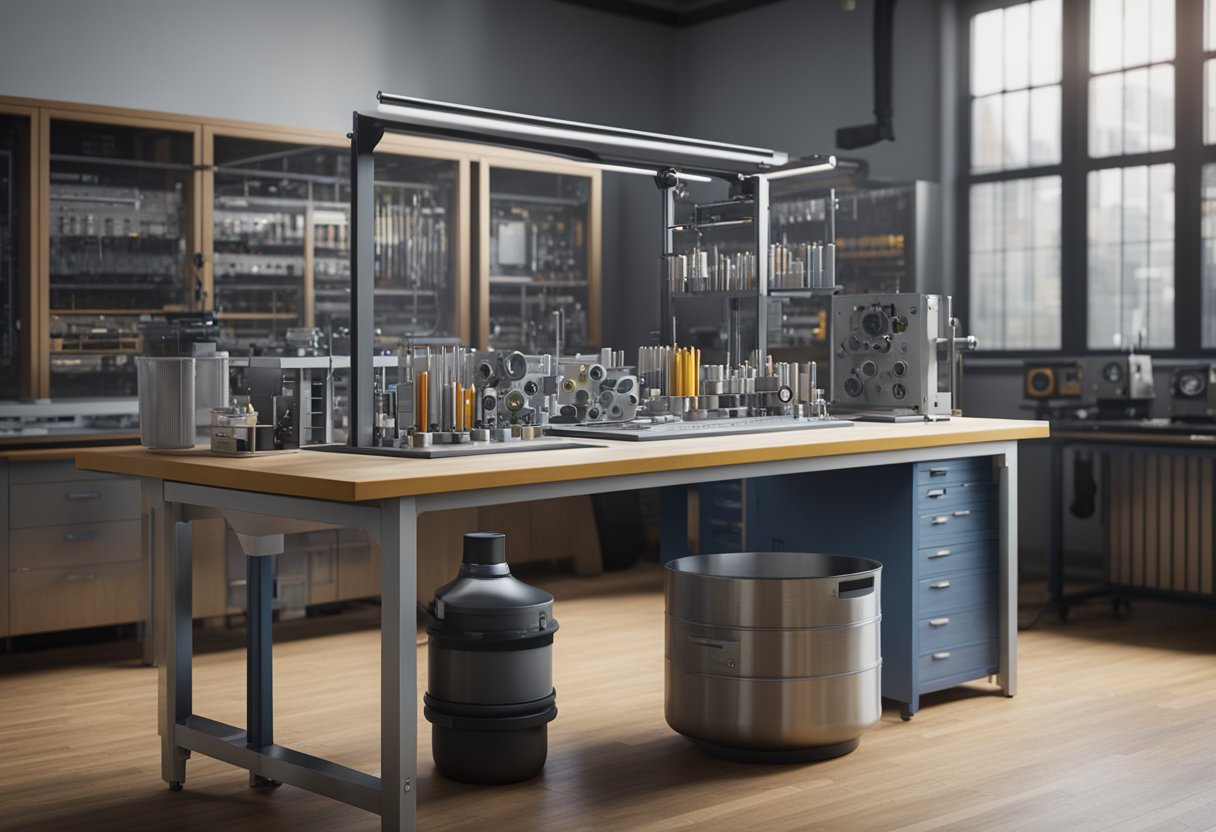 A lab bench with precision measuring instruments, computer, and technical drawings