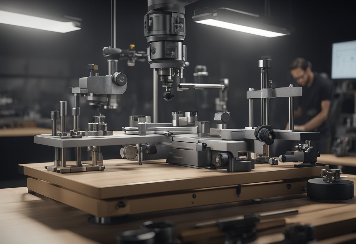 A table with various metrology tools and equipment, including calipers, micrometers, and gauges. A metrology analyst is using a precision measuring instrument to inspect a small mechanical part