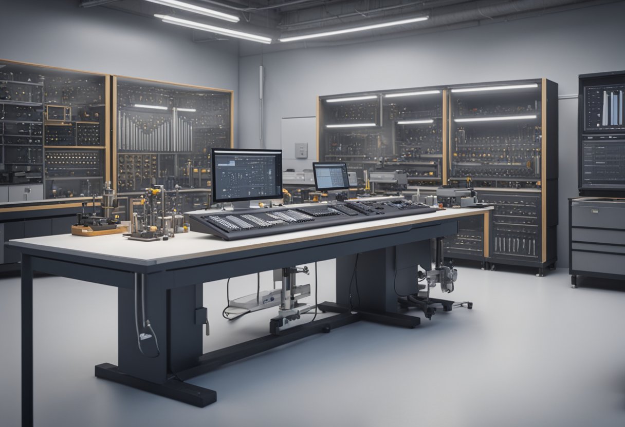 A Metrology Analyst carefully calibrates precision instruments in a controlled laboratory setting. Various measurement tools and equipment are neatly organized on the workbench