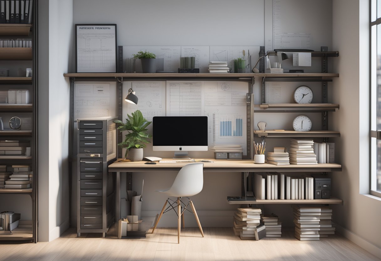 A desk with a computer, ruler, and various measurement tools. Shelves with regulatory documents and standards books. A poster displaying metrology principles