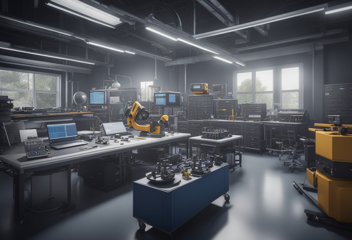 A metrology analyst calibrates precision equipment in a lab, surrounded by advanced measurement tools and computer systems