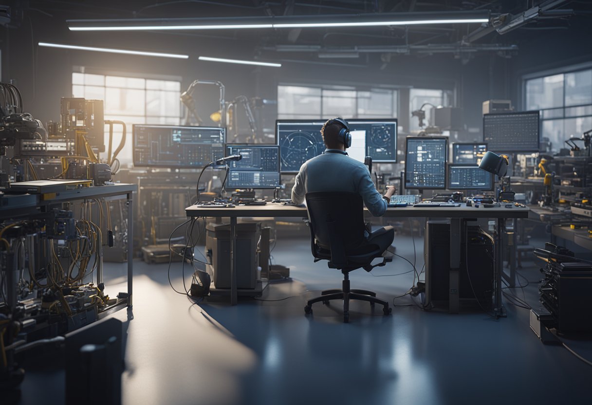 A technician adjusts and tests electronic equipment in a laboratory setting. Various instruments and devices are scattered across the workbench