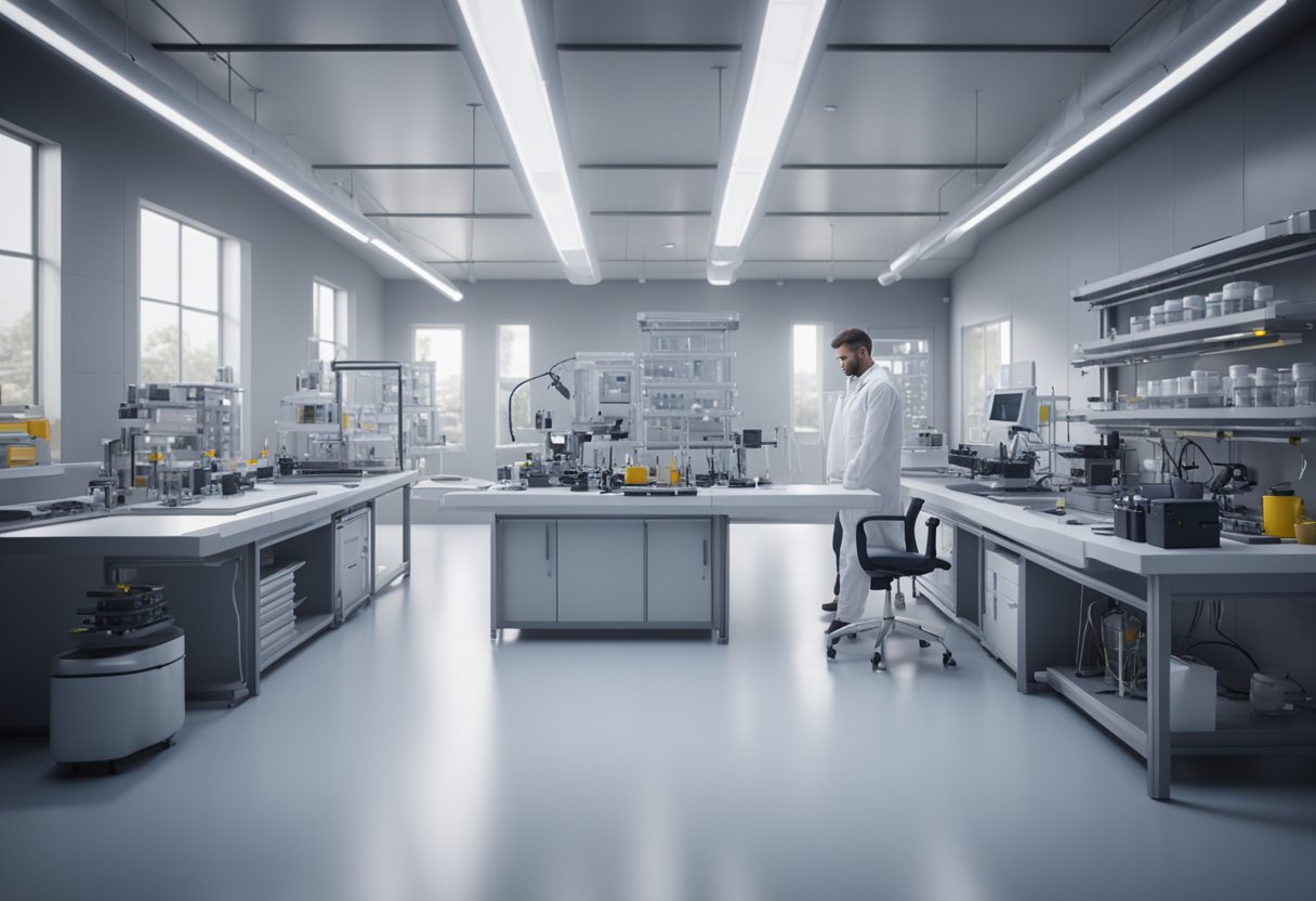 An engineer calibrates and tests soft skills and competencies using various tools and instruments in a modern laboratory setting