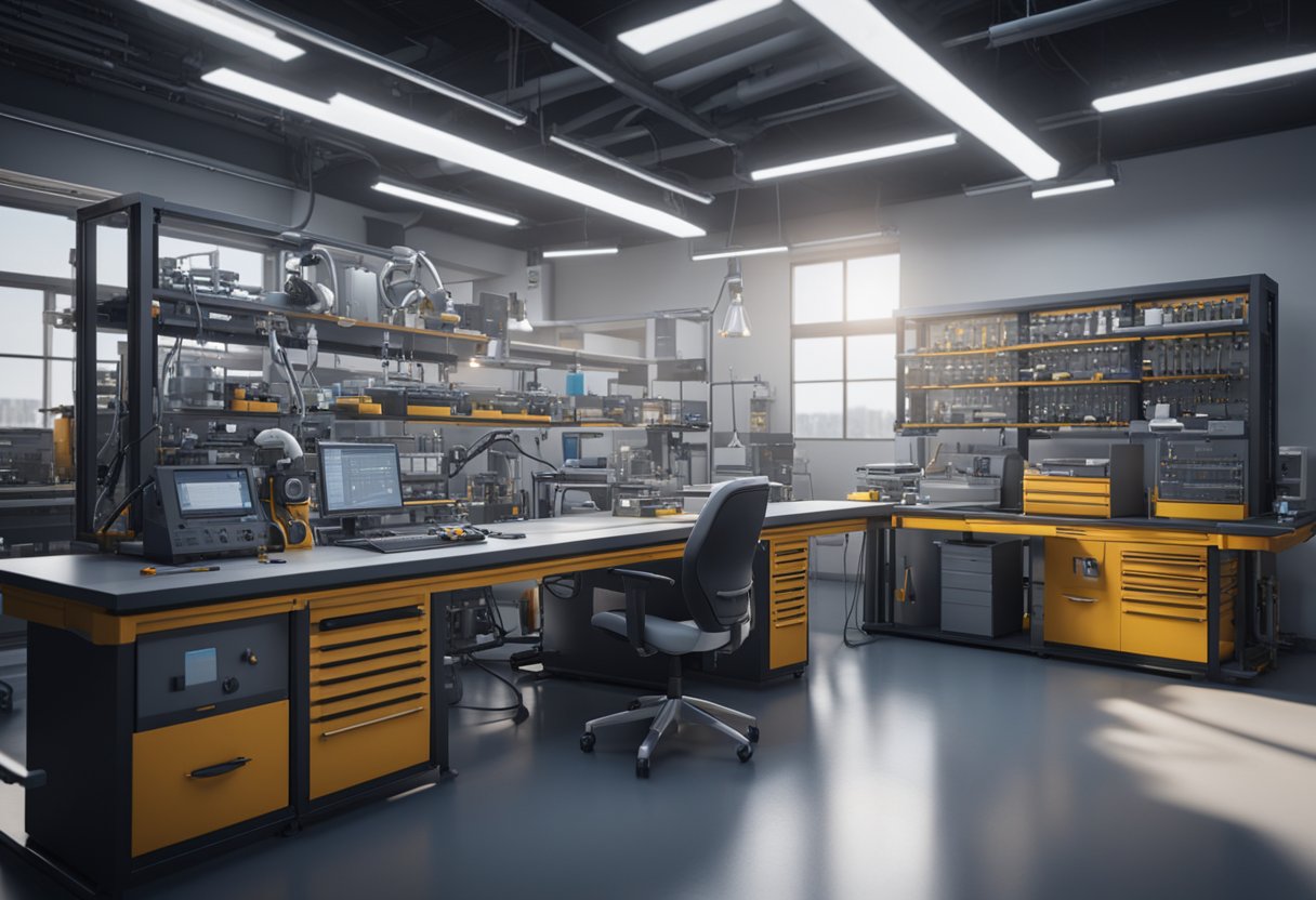 An engineer calibrates and tests equipment in a high-tech laboratory setting. Various tools and machines are arranged neatly on workbenches and shelves