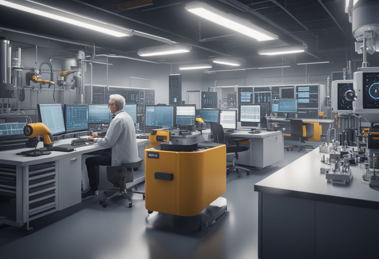 A senior metrologist calibrates precision instruments in a modern laboratory setting, surrounded by advanced equipment and computer screens