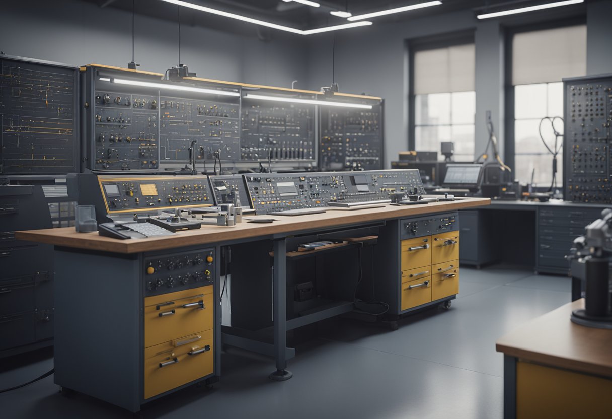 A senior metrologist calibrates precision instruments in a controlled laboratory setting. Various measurement devices and tools are organized on the workbench