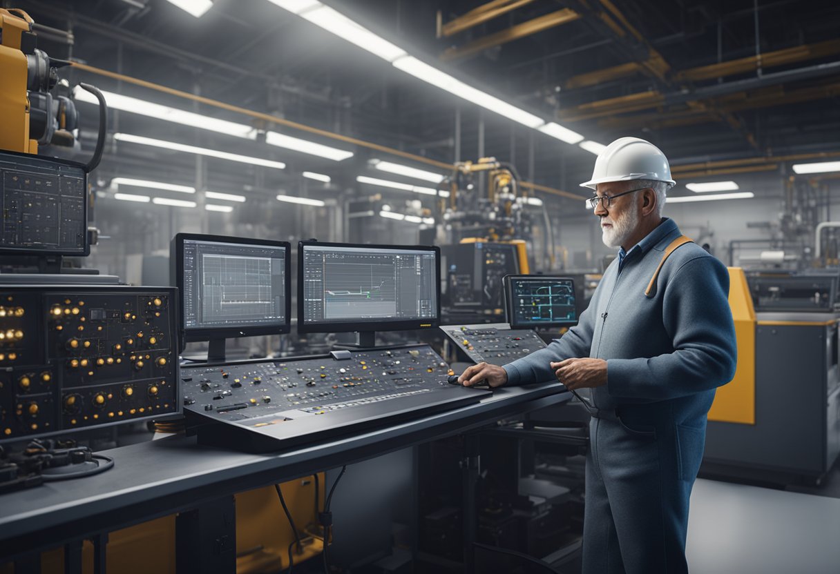 A senior metrologist calibrates precision instruments in an industrial setting, surrounded by high-tech equipment and machinery