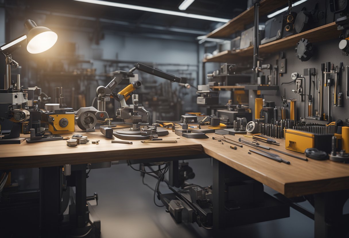 A cluttered workbench with various precision measurement tools and advanced technology equipment used in metrology