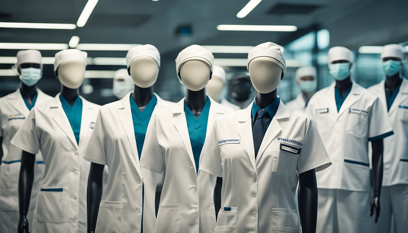 A diverse group of medical uniforms from different cultures and countries displayed on mannequins or hangers