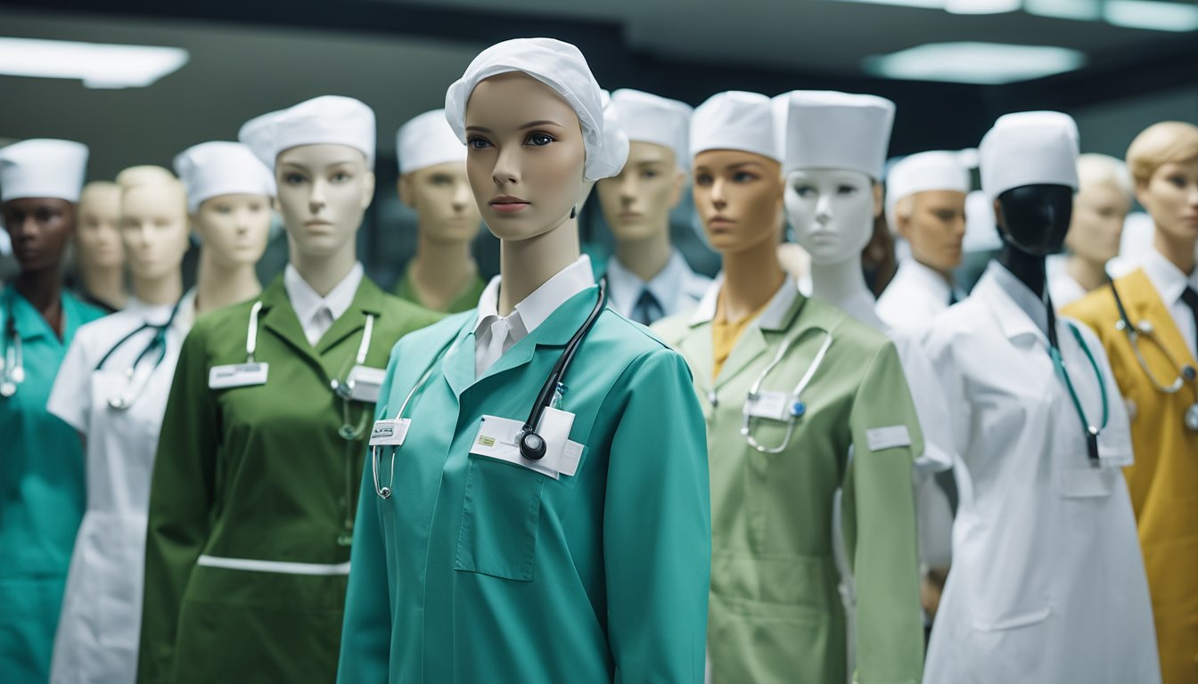 A diverse group of medical uniforms from various cultures and countries displayed on mannequins