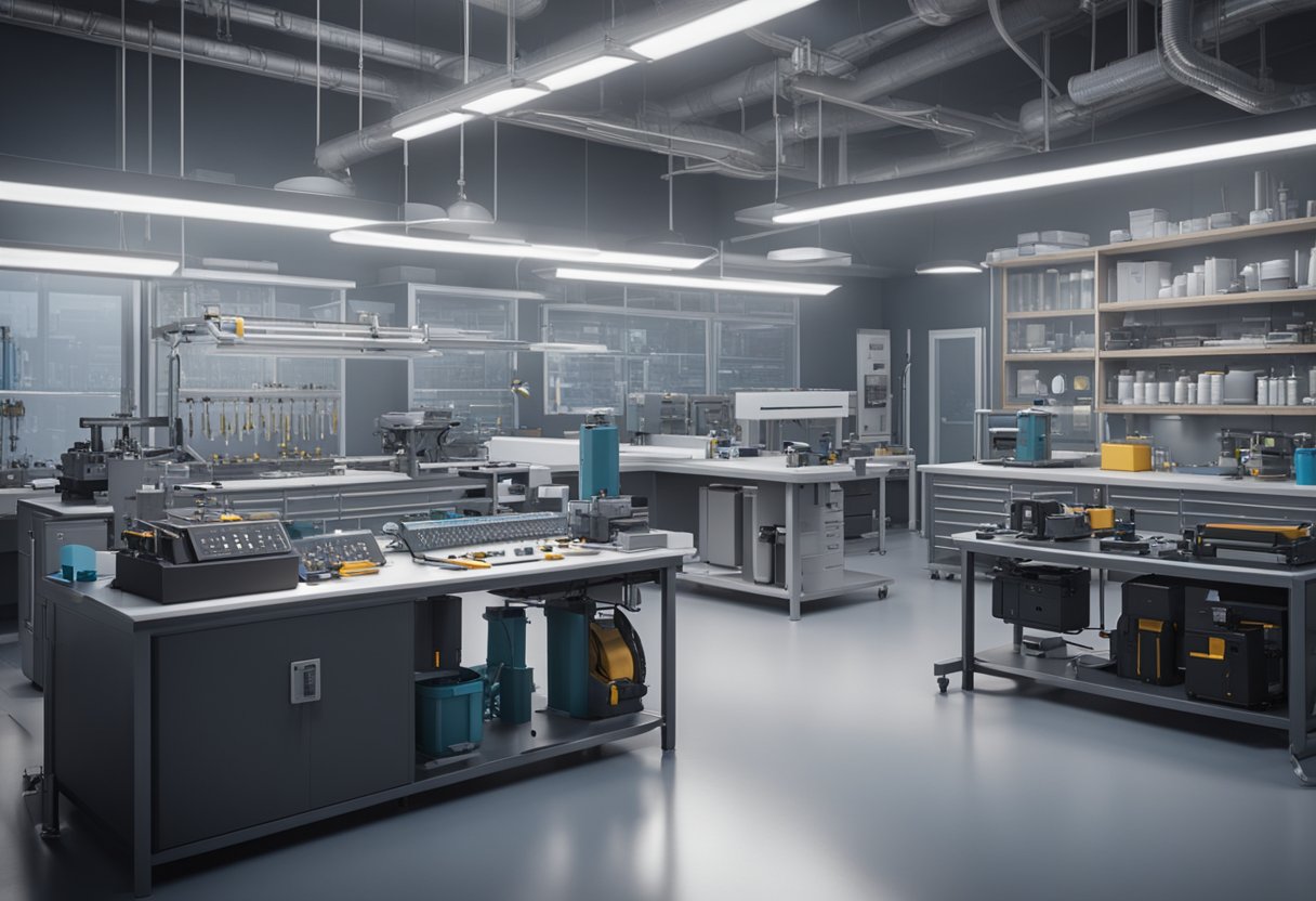 A technician calibrates precision instruments in a clean, well-lit laboratory. Various measurement tools and equipment are neatly arranged on the workbench