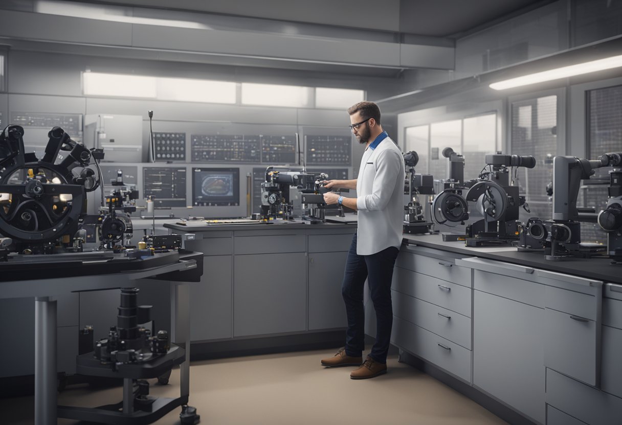 A metrology consultant inspects and calibrates precision instruments in a laboratory setting, using specialized equipment and tools