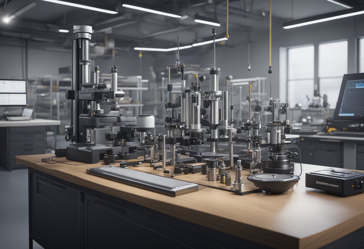 A metrology consultant calibrates precision instruments in a laboratory setting, surrounded by advanced measurement equipment and quality control tools