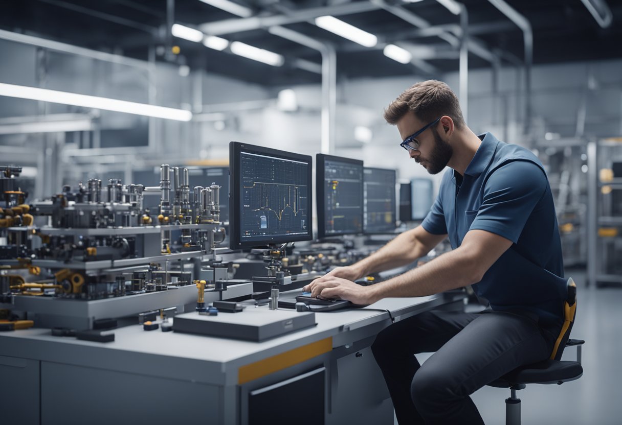 A technician uses precision instruments to measure and analyze industrial components in a high-tech laboratory setting