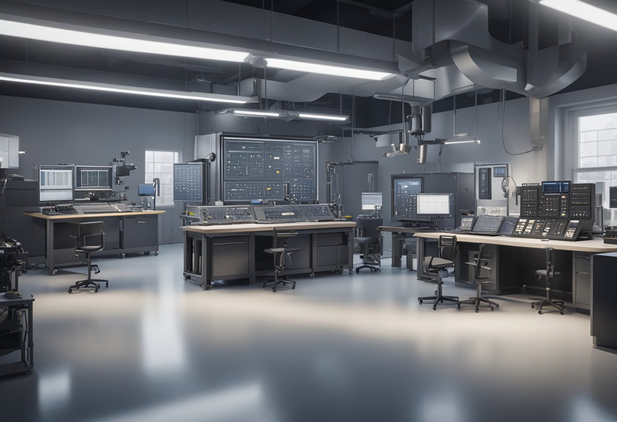 A consultant calibrates precision instruments in a lab setting, surrounded by advanced metrology equipment and tools