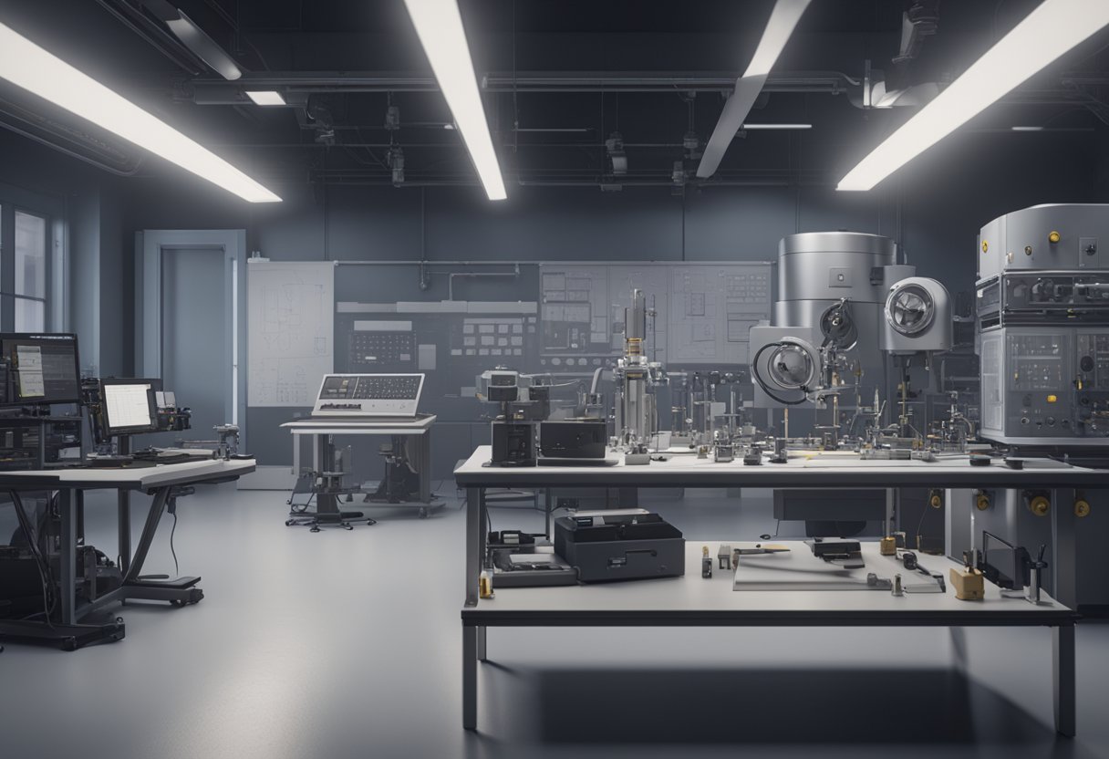 A Metrology consultant analyzing precision instruments in a lab setting, surrounded by advanced measurement equipment and technical drawings