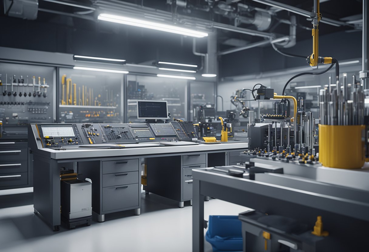 A technician calibrates advanced instruments in a high-tech laboratory setting. Various precision tools and equipment are arranged on the workbench