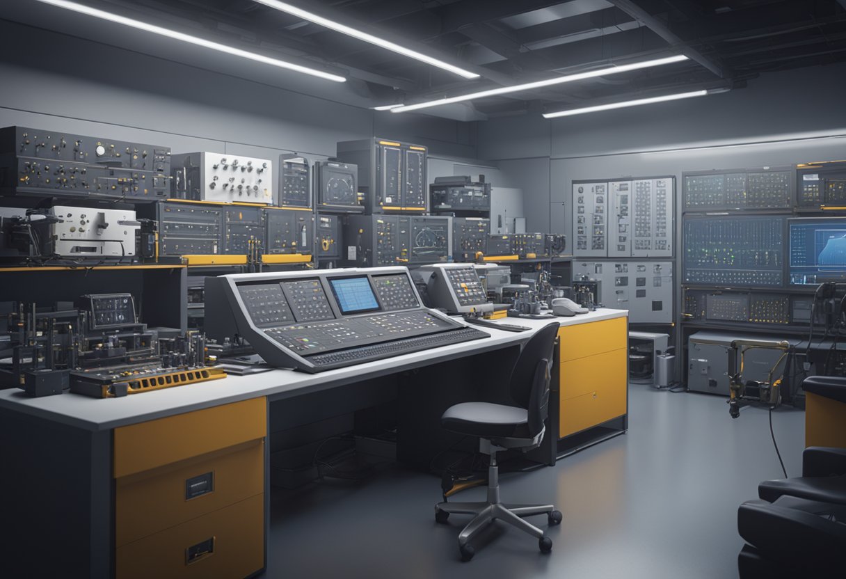 A technician calibrates instruments in a controlled laboratory environment, surrounded by precision measurement tools and equipment