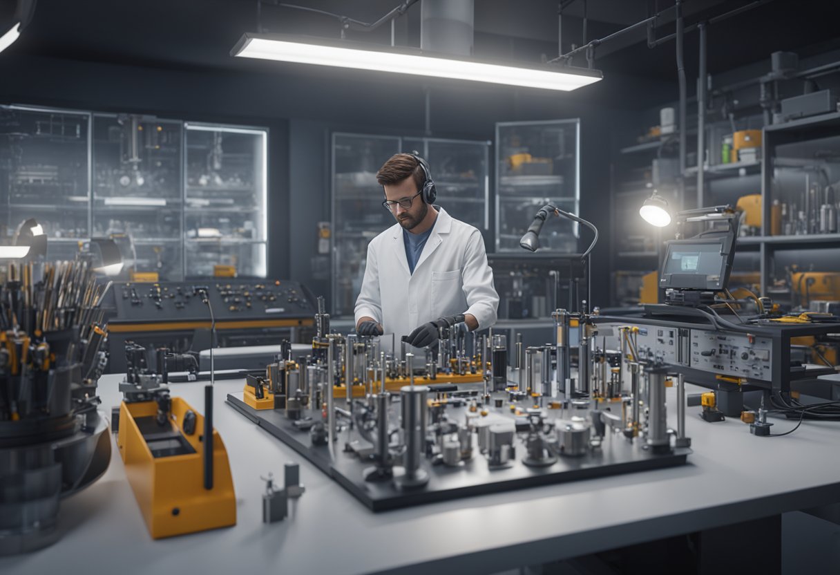 A technician calibrates and tests various instruments in a laboratory setting, surrounded by precision tools and equipment