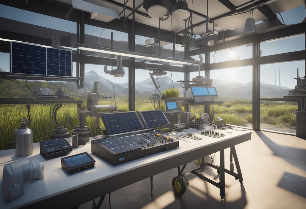 A technician calibrates instruments in a sustainable environment, surrounded by renewable energy sources and eco-friendly equipment