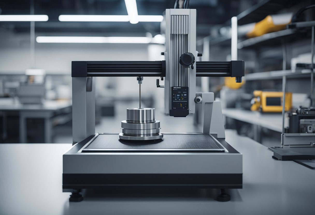 A precision measuring instrument is being calibrated by an automation engineer in a modern laboratory setting