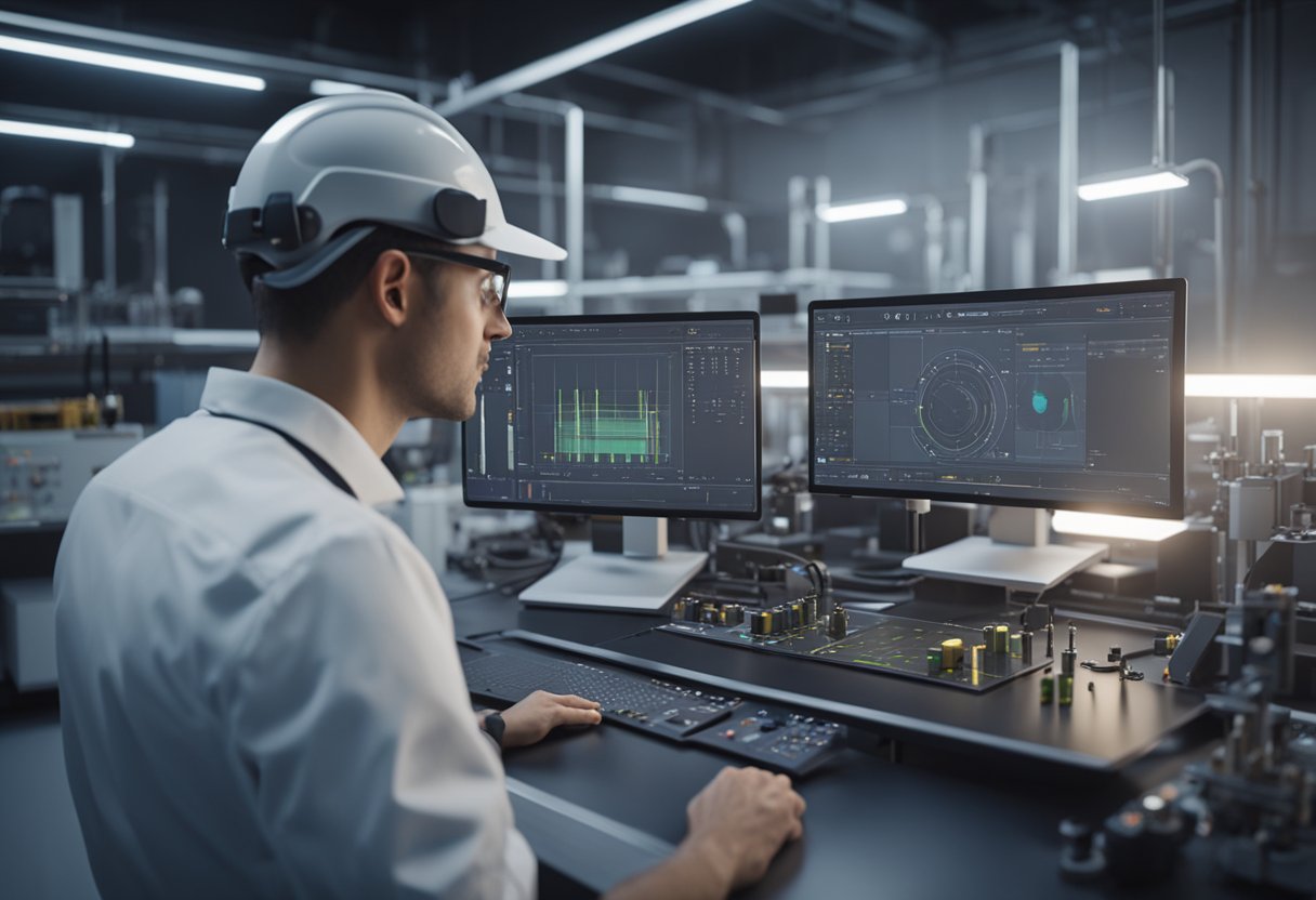 A technician calibrates precision instruments in a high-tech lab. Automated machines hum as they measure and adjust various metrology equipment