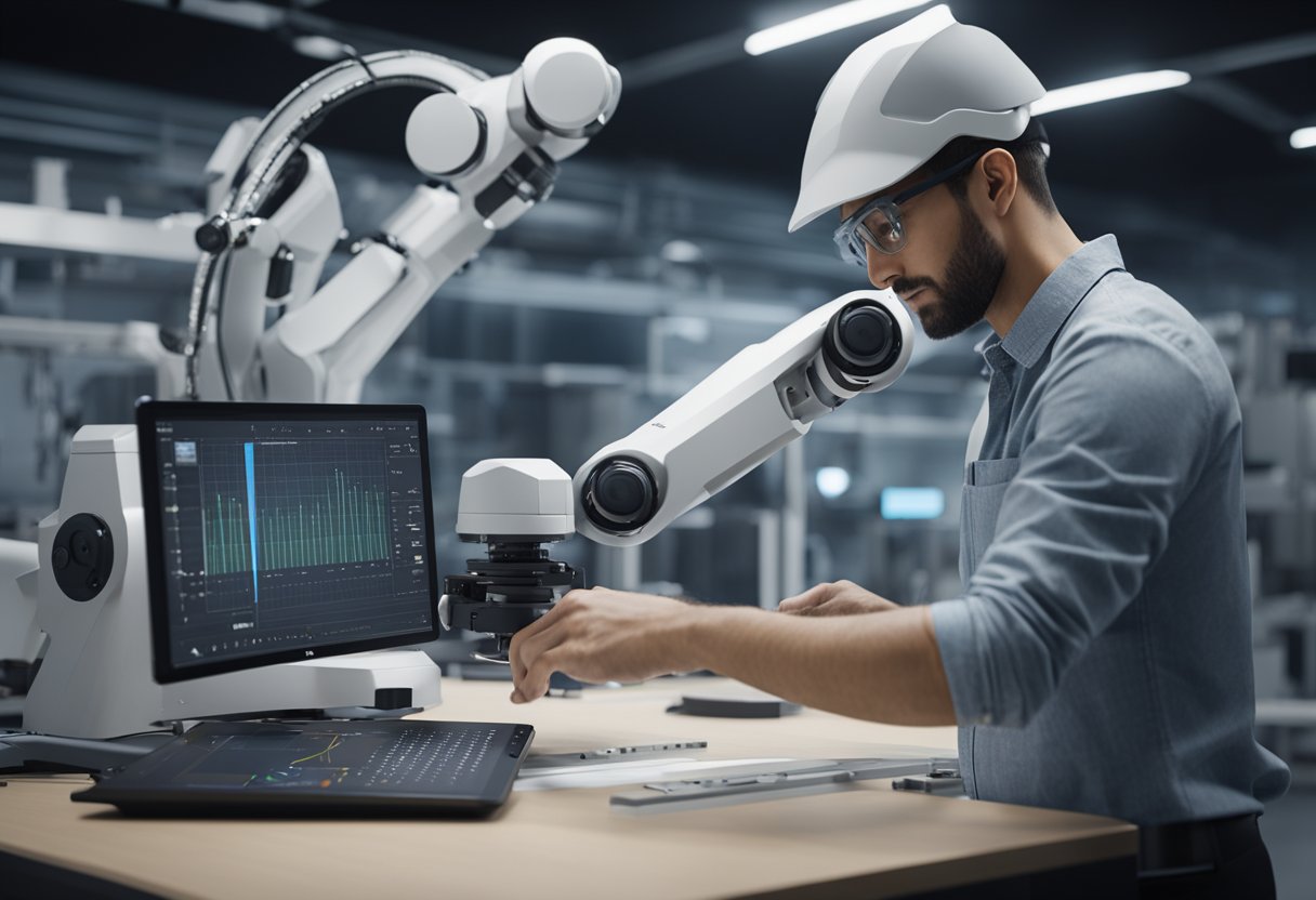 A precision measuring instrument is being integrated into a robotic arm in a high-tech laboratory setting. The engineer carefully adjusts the automation system for accurate measurements