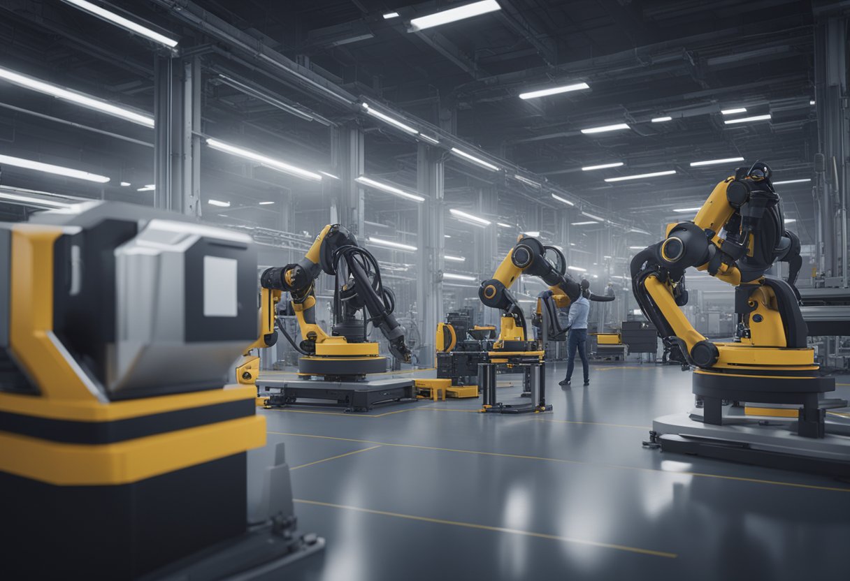 A metrology automation engineer calibrates and tests machinery in a high-tech manufacturing facility. Robotic arms move precision instruments with precision