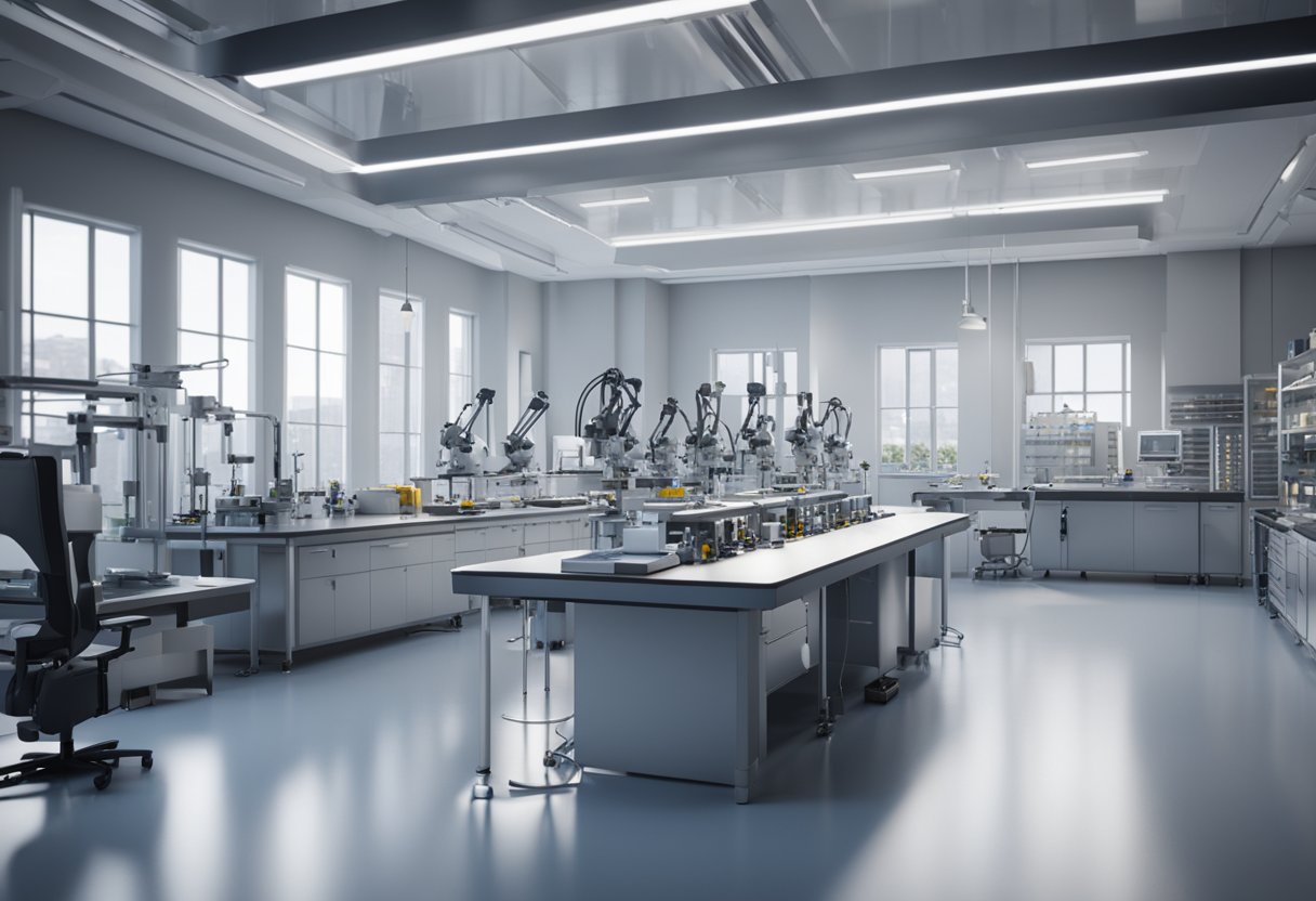 A sleek, modern laboratory with precision instruments and robotic arms. Engineers work on advanced automation systems for metrology applications