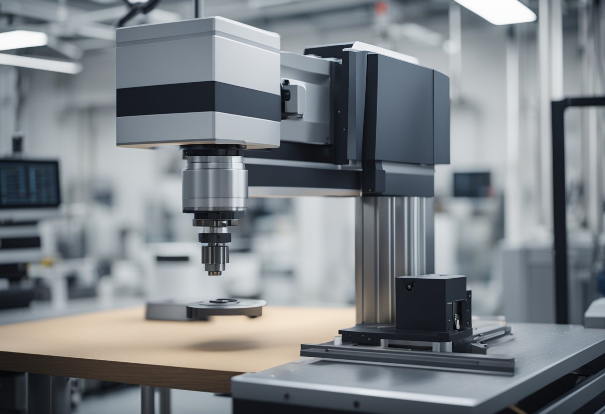 A Coordinate Measuring Machine (CMM) in a manufacturing facility, with precise measurements being taken on a mechanical part